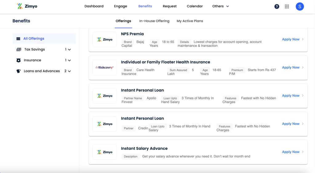 Benefits tab of the Zimyo HRMS