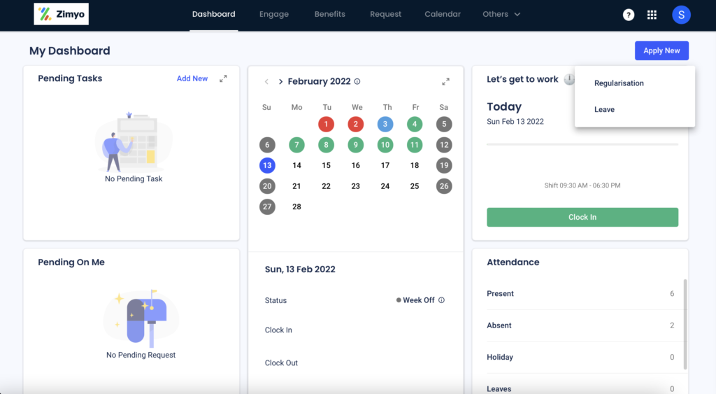 Apply button on the Zimyo HRMS dashboard