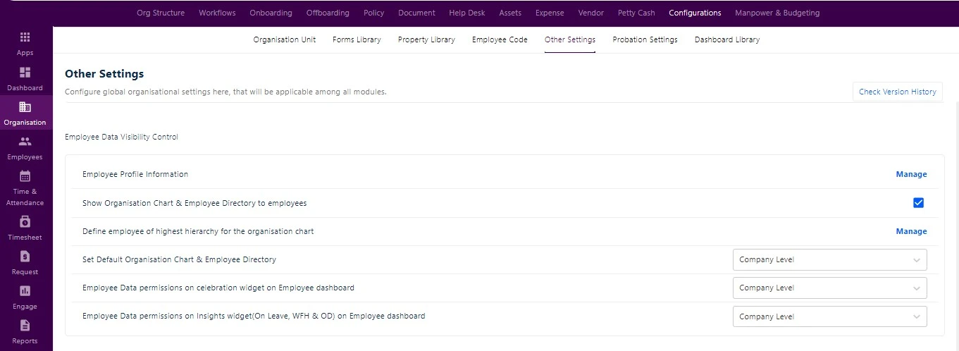 Org Chart settings