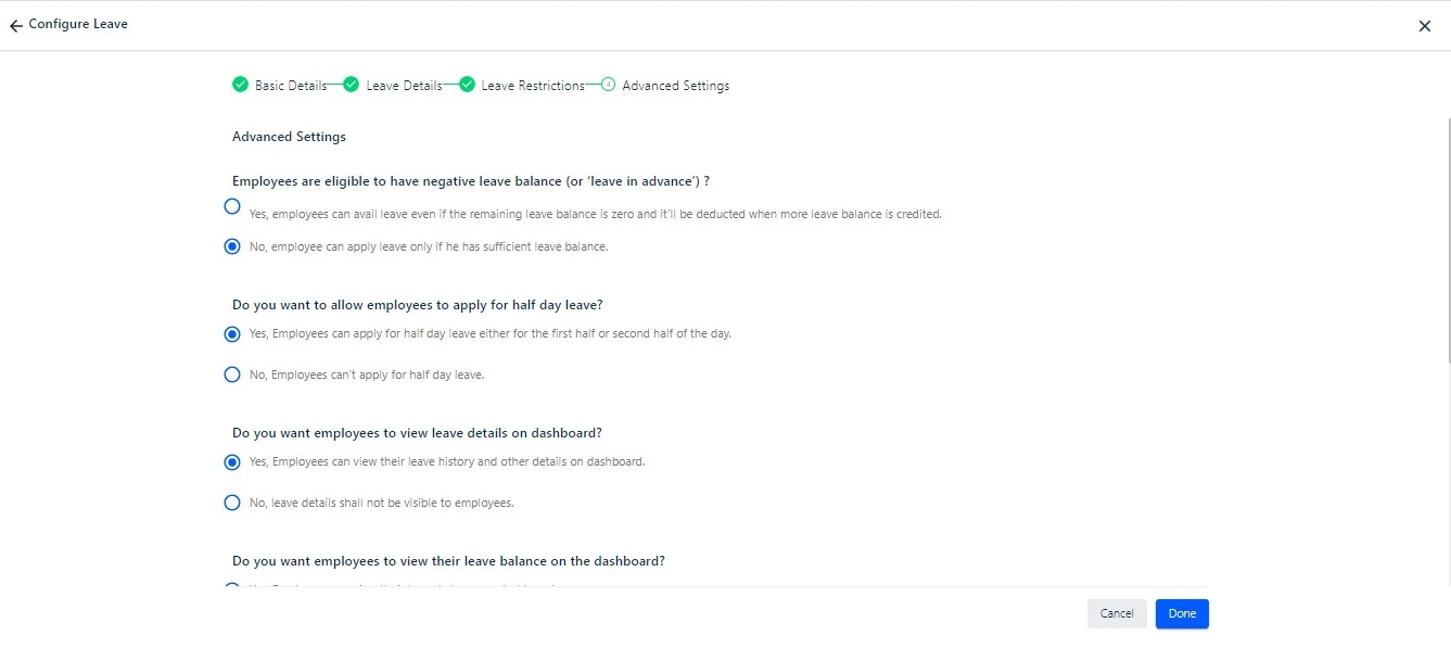 Advance settings in leave configuration