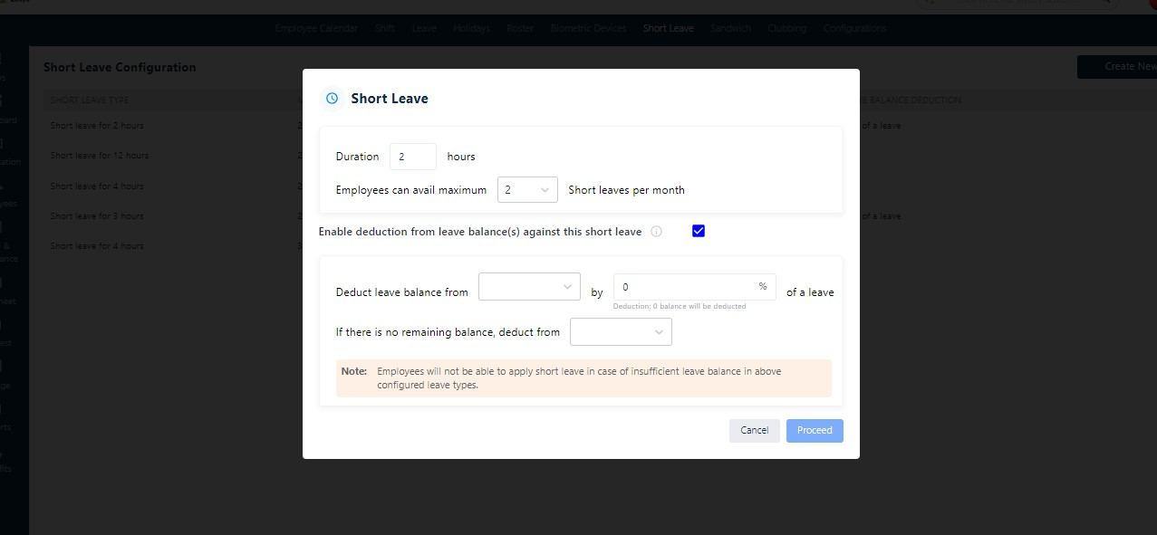 Advance Configuration in short leave