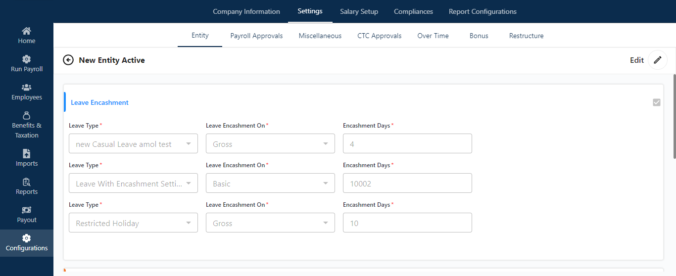 Advance Settings in Payroll