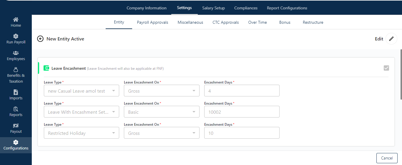 In this section, the admin can enable the payroll approver option and define its applicability by department, entity, designation, and location. Note: If the requester and the approver are the same person, the request will be automatically approved. FNF-Settings